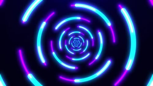 Abstract digital background with glowing neon lights, retro. Rotation of bright glowing circles