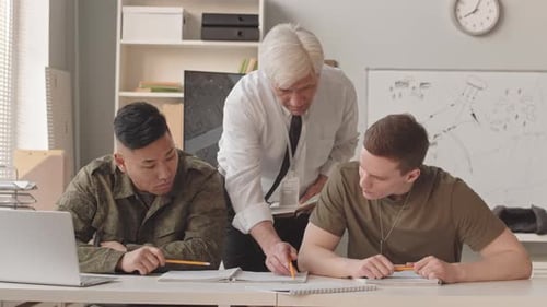 Professor Helping Cadets during Seminar at Military Academy