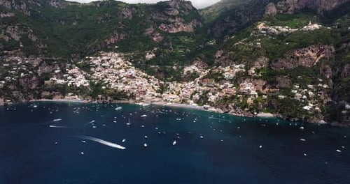 Breathtaking Drone Shot Above Positano, Amalfi Coast, Italy. Top Italian Luxury Tourist Destination