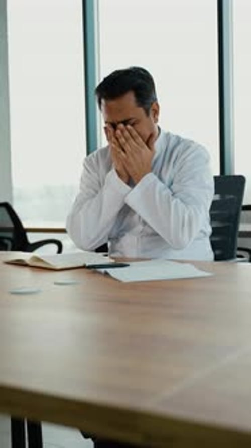 Stressed Frustrated Indian Doctor with Headache Sitting Alone at Work Desk in Hospital Sad Young Gp