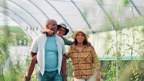 Farming, agriculture and parents with child for piggyback, bonding and conversation for plants