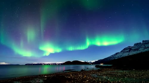 Ethereal northern lights dance in Norway night sky, view from beach. Timelapse