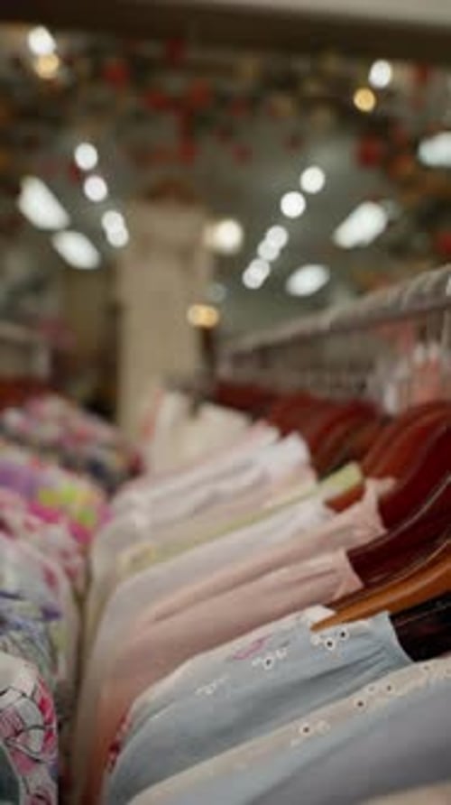 A Closeup Perspective of Colorful Garments Displayed on Wooden Hangers Inside a Fashion Boutique