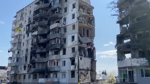A house destroyed by an aerial bomb in the town of Borodyanka