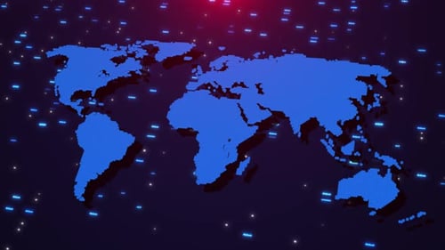 Weltkarte für globale digitale Netzwerke mit dynamischem Datenfluss und futuristischen Verbindungen.