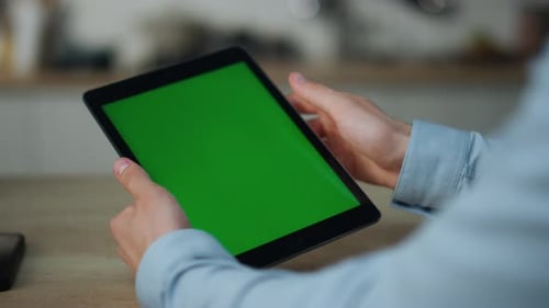 Unknown Man Hands Holding Mockup Tablet Close Up. Businessman In Blue Shirt Touching Device Green...