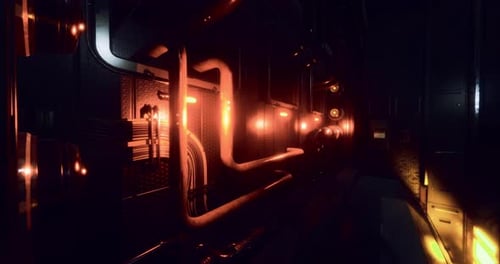 Exploring a Futuristic Corridor Illuminated By Glowing Orange Lights