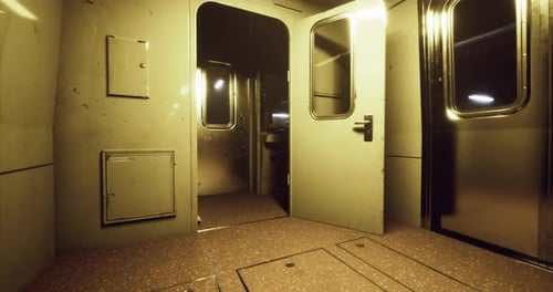 Vue d'un compartiment de train faiblement éclairé avec portes ouvertes la nuit