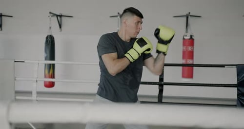Slow Motion of Motivated Fighter Enjoying Individual Training Boxing Wearing Gloves Moving Inside
