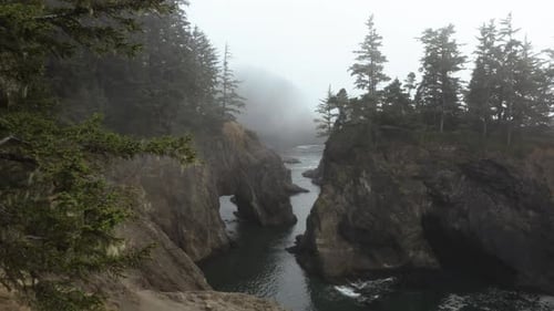 Misty cliffs and rocky isles in Samuel H. Boardman State Park, Oregon, USA - Aerial view