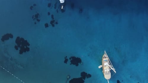 Aerial Top View on Sailboats and Yacht and Blue Sea Bottom Luxury Summer Tourism Adventure Active