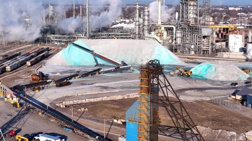 Wide view of Detroit salt mine facility with piles, conveyors, and loaders