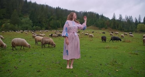 Wide Shot Barefoot Beautiful Ukrainian Woman in National Dress Standing on Mountain Meadow with