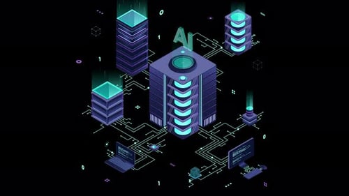 Isometric artificial intelligence technology animation. Isometric cloud computing concept