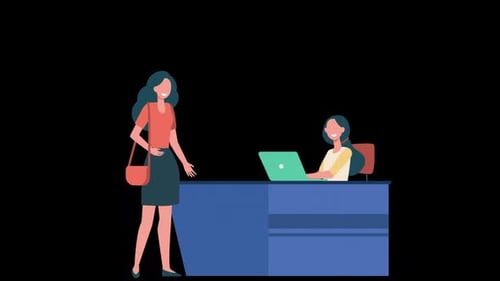 Female Customer Standing At Reception Desk And Talking To Female Receptionist On Alpha Channel