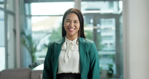 Lobby, happy and face of business woman in office with confidence, pride and laughing for career