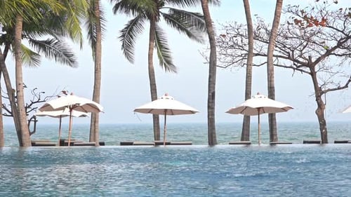 Tropical Beachfront lounge with swimming pool, line of sunshades with deck chairs next to the sea or