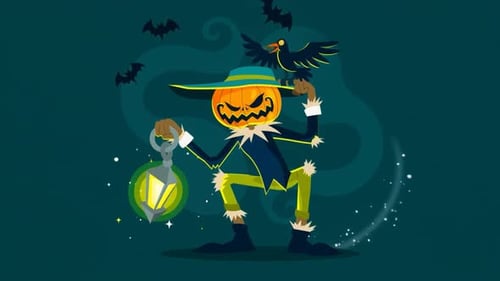 Animated Halloween Pumpkin Scarecrow with Crow and Bats