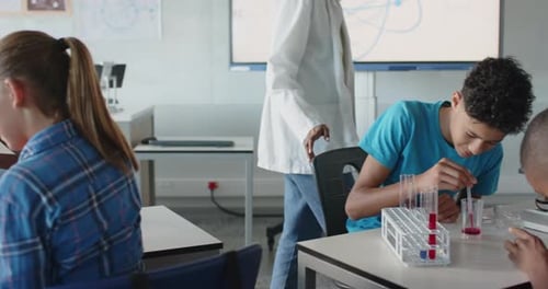 In school, boys conducting science experiment with test tubes in classroom