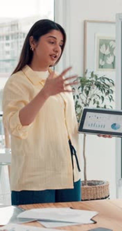 Business woman, tablet screen and data for presentation, campaign performance or trends