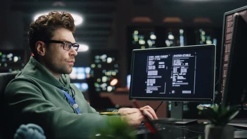 IT Programer Working Keyboard Desktop Computer Data Center Control Room Closeup