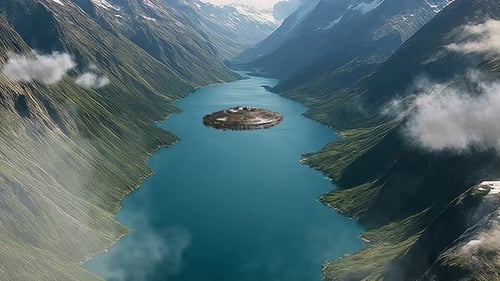 UFO mothership over mountain fjord