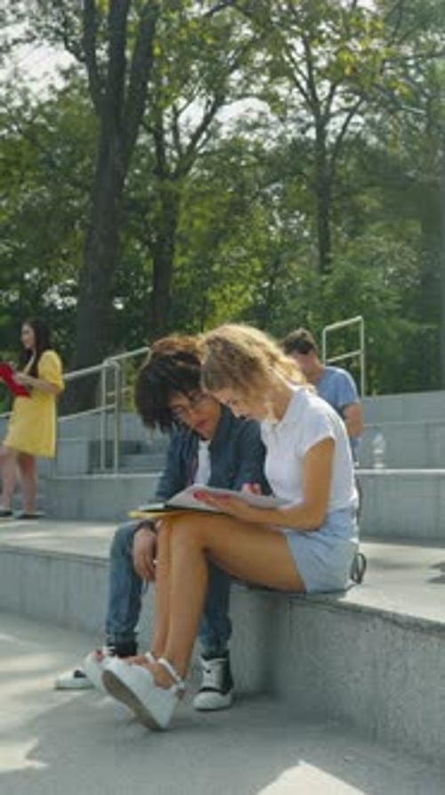 Vertical Screen Multiethnic Students Sitting on Stairs and Studying