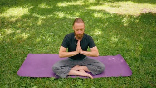 portrait handsome bearded man meditating in the park sitting in the lotus position practicing yoga