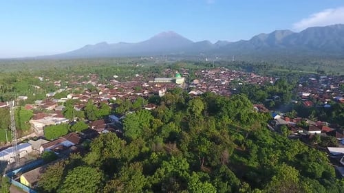 Aerial village and mountain views