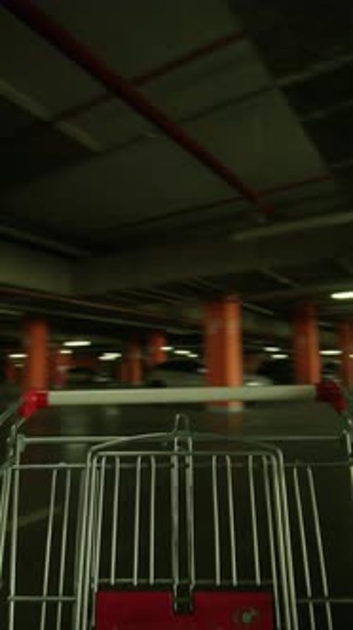 View on Metallic Shopping Cart Moving Around in Underground Parking Without People Industrial