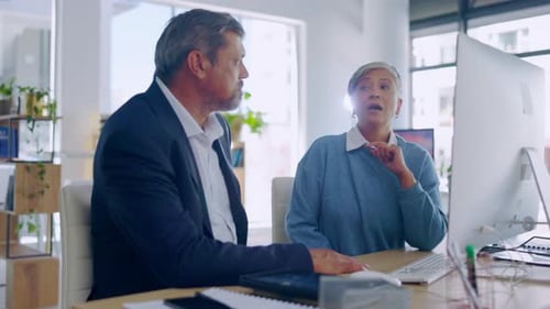 Business people, seniors and team on computer for strategy, brainstorming or solution in office