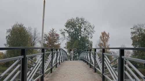 Caucasian Young Woman Runner Training in Summer Park on the Bridge Fitness Girl Jogging Outdoors