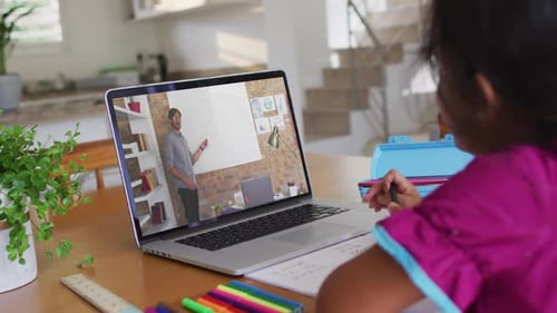 Child Watches Online Instructor and Does Schoolwork at Home