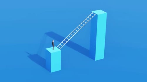 Minimalist 3D Animation: Businessman Climbs Ladder Between Blocks
