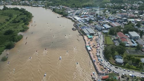 Drone View At Lundu Town During Summer, In conjunction Of Regatta Traditional Long Boat Race Batang