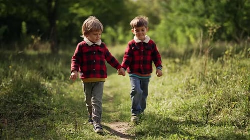 Cute Kids Walking Together Holding Hands in Autumn Park