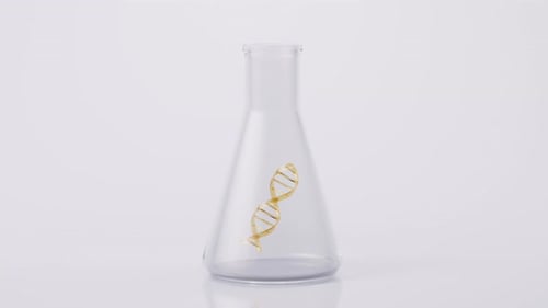 3D Golden DNA Helix Rotating in Science Laboratory Flask Animation