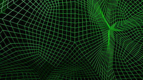 Cyber-Mesh mit bewegten geometrischen Kurven. 3D-Raster im Cyberspace mit psychedelischen Kurven des Raums.