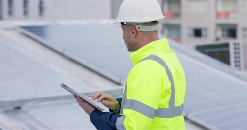 Engineering, man and tablet for solar panels, energy saving power and electricity