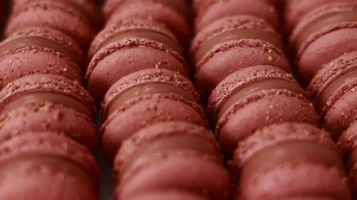 Brown sweet french macaron cakes with chocolate topping in row on the cafe display. Sets of desserts
