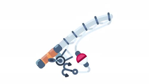 Animated Flat Design Fishing Rod with Bobber and Hook