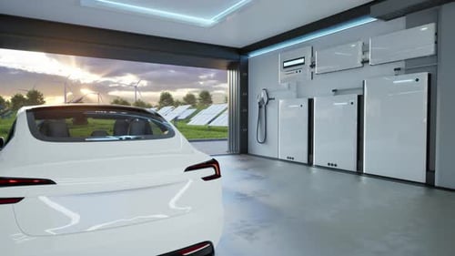 Elektroauto mit Energiespeichersystem mit Solarkraftwerk und Windkraftanlage