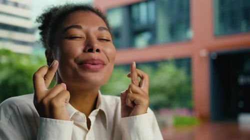 Close Up African American Woman Crossed Fingers Hope Wish Dream Female Girl Businesswoman Luck