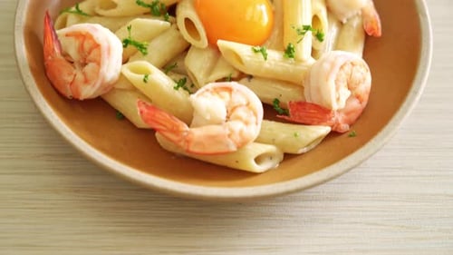 Pasta with Shrimp and Egg Yolk Overhead Shot