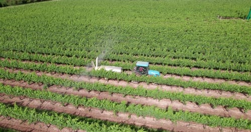 Aerial View of Tractor Spraying Vineyard