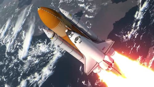 Space Shuttle Rocket Launching into Orbit with Detaching Boosters