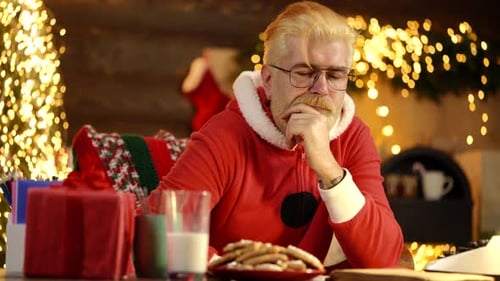 Tired Santa Sleeping on the Table Sweet Christmas or New Year Dreams Santa Claus After Hard Work is
