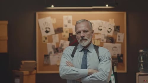 Serious Detective with Arms Crossed Stands Firm