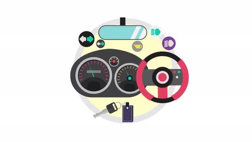 Animated Flat Design Car Dashboard with Moving Gauges and Steering Wheel