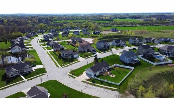 aerial flyover of a suburban neighborhood in the countryside (Wisconsin ...